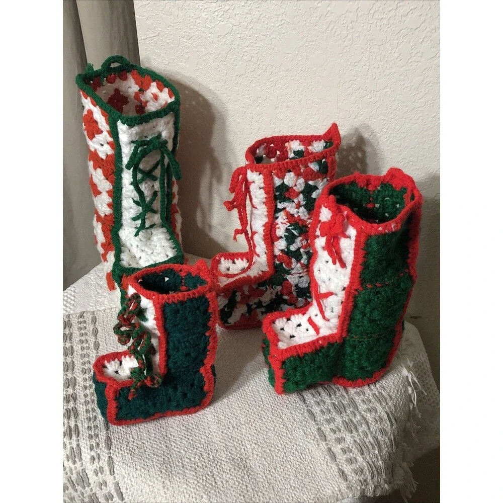 Christmas Stockings Vintage Handmade Grandma Square Crochet Red Green White 6